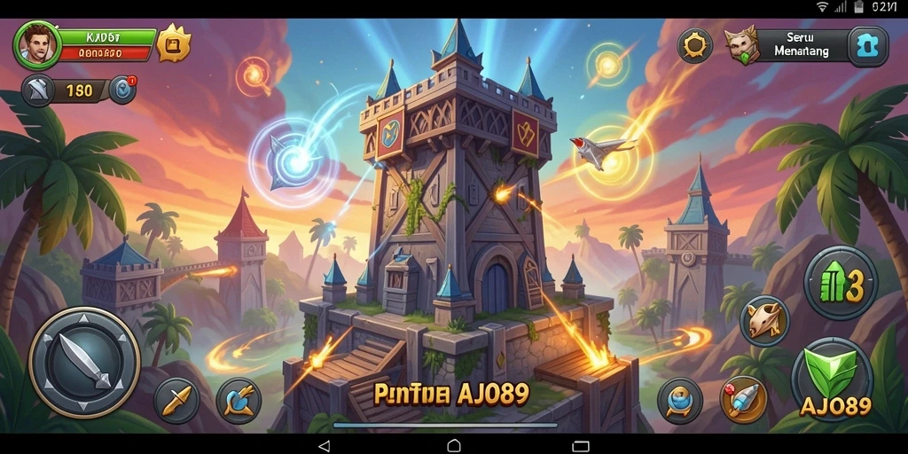 Tangkapan layar utama AJO89 menampilkan aksi seru dalam game Tower Defense.