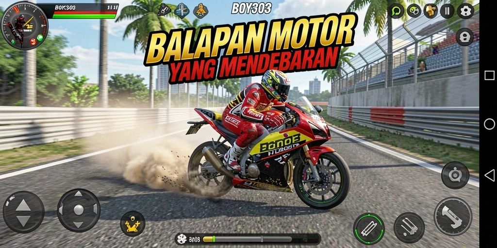 Tampilan gameplay menarik dalam balapan motor yang seru.