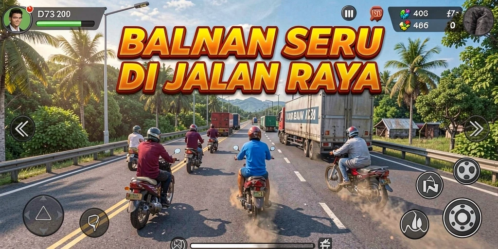 Screenshot gameplay D73 menampilkan aksi balapan yang mendebarkan.