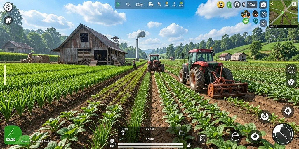 Screenshot utama IDX66 menunjukkan keseruan bertani dengan grafik yang indah.
