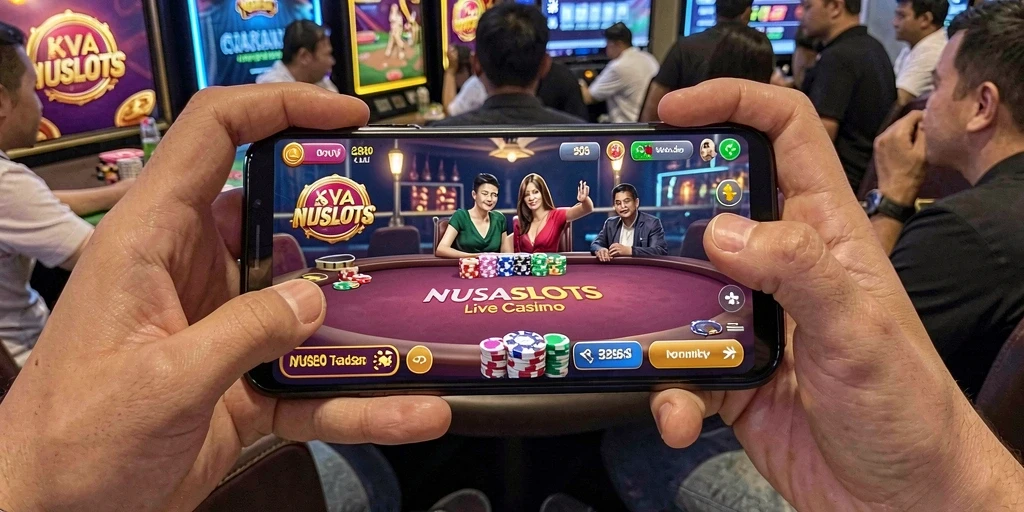 Tampilan gameplay NUSASLOTS dengan dealer langsung dan suasana kasino.