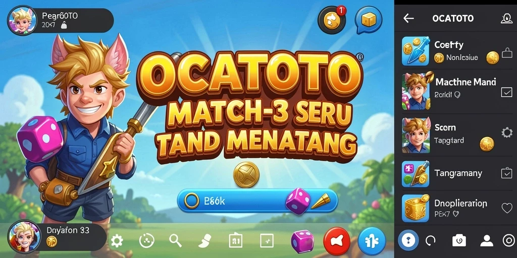 Screenshot gameplay OCATOTO menampilkan kombinasi warna-warni dalam aksi Match-3.